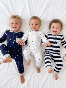 3pcs Baby Boy Soft & Comfortable Striped & Star Print Zipper Jumpsuit, Long Sleeve & Pants Homewear Set - Multicolor - View 11