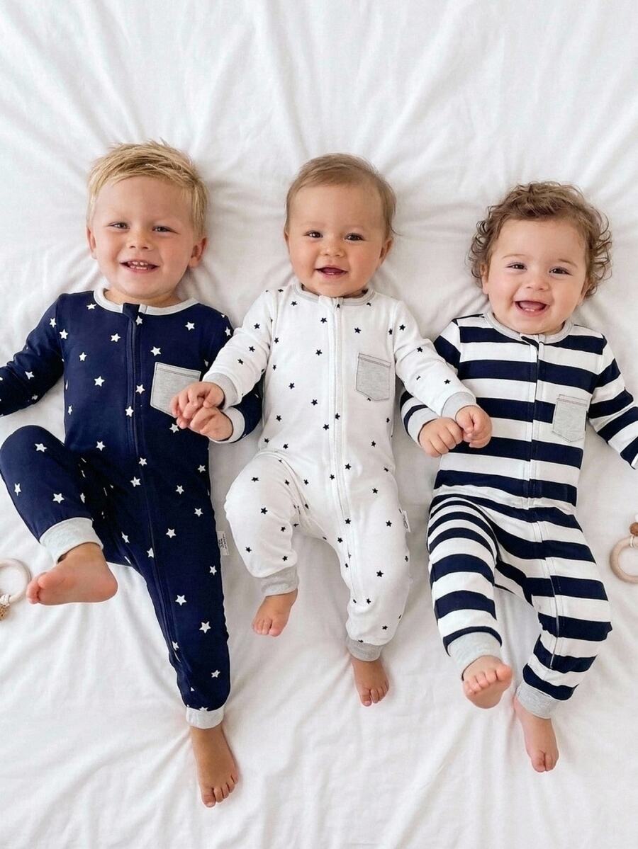 3pcs Baby Boy Soft & Comfortable Striped & Star Print Zipper Jumpsuit, Long Sleeve & Pants Homewear Set
