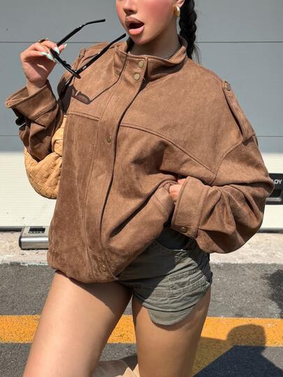 Muchica Plus-Size Women's Solid Color Suede Stand Collar Long-Sleeved Baggy Western Loose Jacket Autumn Features Pockets Zipper Winter Brown Going Out Club