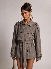 SHEIN BAE جاكيت أنيق بياقة واقفة مزدوجة الأزرار مع حزام بقصة فضفاضة على الطراز الأمريكي - بني - مشاهدة 5