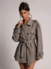 SHEIN BAE جاكيت أنيق بياقة واقفة مزدوجة الأزرار مع حزام بقصة فضفاضة على الطراز الأمريكي - بني - مشاهدة 4