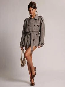 SHEIN BAE جاكيت أنيق بياقة واقفة مزدوجة الأزرار مع حزام بقصة فضفاضة على الطراز الأمريكي - بني - مشاهدة 1
