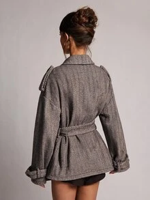 SHEIN BAE جاكيت أنيق بياقة واقفة مزدوجة الأزرار مع حزام بقصة فضفاضة على الطراز الأمريكي - بني - مشاهدة 2