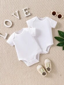 SHEIN 2Pcs/Set Newborn Infants Unisex Simple White Solid Comfortable Short Sleeve Crossed Shoulder Snap Button Bodysuit With Elastic, Elegant & Minimalist - White - View 8