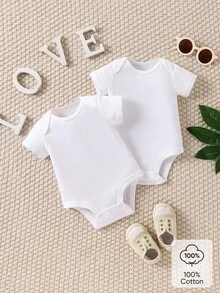 SHEIN 2Pcs/Set Newborn Infants Unisex Simple White Solid Comfortable Short Sleeve Crossed Shoulder Snap Button Bodysuit With Elastic, Elegant & Minimalist - White - View 2