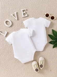 SHEIN 2Pcs/Set Newborn Infants Unisex Simple White Solid Comfortable Short Sleeve Crossed Shoulder Snap Button Bodysuit With Elastic, Elegant & Minimalist - White - View 3