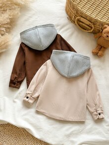 SHEIN Vintaside Kids 2件組男嬰連帽夾克外套，可愛棕色米色灰色羅紋鈕扣前開襟對比色長袖加厚戶外款，適合萬聖節、秋冬假期 - 彩色 - 查看 2