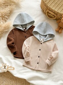 SHEIN Vintaside Kids 2件組男嬰連帽夾克外套，可愛棕色米色灰色羅紋鈕扣前開襟對比色長袖加厚戶外款，適合萬聖節、秋冬假期 - 彩色 - 查看 3