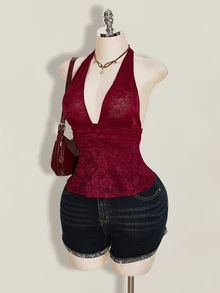 SHEIN ICON Y2k 女士黑色性感哥特风露背俱乐部演唱会蕾丝吊带深V领收腰A字露背吊带衫，夏季 - 酒紅色 - 查看 4