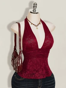 SHEIN ICON Y2k 女士黑色性感哥特风露背俱乐部演唱会蕾丝吊带深V领收腰A字露背吊带衫，夏季 - 酒紅色 - 查看 7