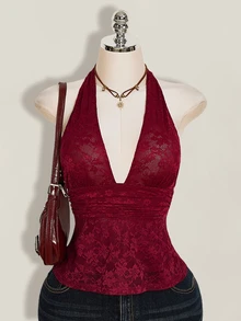 SHEIN ICON Y2k 女士黑色性感哥特风露背俱乐部演唱会蕾丝吊带深V领收腰A字露背吊带衫，夏季 - 酒紅色 - 查看 13