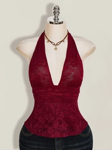 SHEIN ICON Y2k 女士黑色性感哥特风露背俱乐部演唱会蕾丝吊带深V领收腰A字露背吊带衫，夏季 - 酒紅色 - 查看 11