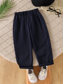 SHEIN 男童純色極簡休閒長褲，適合小男孩外出、上學、派對及各種場合穿著，保持時尚感 - 藏蓝色 - 查看 2
