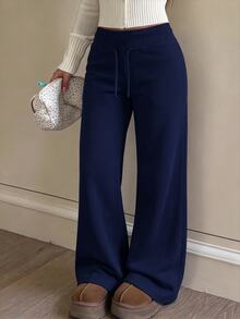 SHEIN Teen Girl Teen Girls Knit Navy Blue Drawstring Casual Long Pants - Navy Blue - View 1