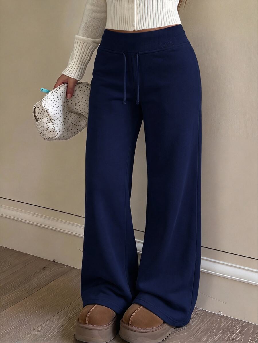 SHEIN Teen Girl Teen Girls Knit Navy Blue Drawstring Casual Long Pants - Navy Blue - View 1