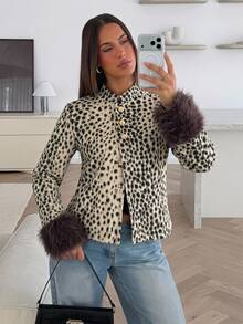 Siren Gaze Women's Leopard Print Faux Fur Coat With Dark Brown Cuffs, Suitable For Winter Fashion Outfit - Multicolor - View 7