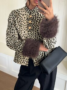 Siren Gaze Women's Leopard Print Faux Fur Coat With Dark Brown Cuffs, Suitable For Winter Fashion Outfit - Multicolor - View 10