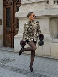 Siren Gaze Women's Leopard Print Faux Fur Coat With Dark Brown Cuffs, Suitable For Winter Fashion Outfit - Multicolor - View 6