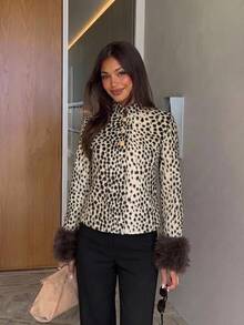 Siren Gaze Women's Leopard Print Faux Fur Coat With Dark Brown Cuffs, Suitable For Winter Fashion Outfit - Multicolor - View 8