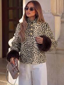 Siren Gaze Women's Leopard Print Faux Fur Coat With Dark Brown Cuffs, Suitable For Winter Fashion Outfit - Multicolor - View 2