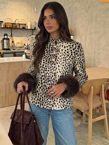 Siren Gaze Women's Leopard Print Faux Fur Coat With Dark Brown Cuffs, Suitable For Winter Fashion Outfit - Multicolor - View 9