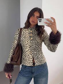 Siren Gaze Women's Leopard Print Faux Fur Coat With Dark Brown Cuffs, Suitable For Winter Fashion Outfit - Multicolor - View 4