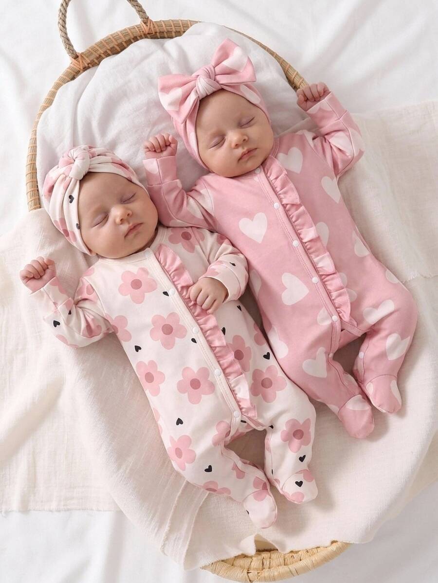 SHEIN 2pcs/Set Autumn/Winter Newborn Ditsy Floral Footed Pajamas, Long Sleeve Round Neck Bow Pants Heart Soft Comfortable Cute Loungewear