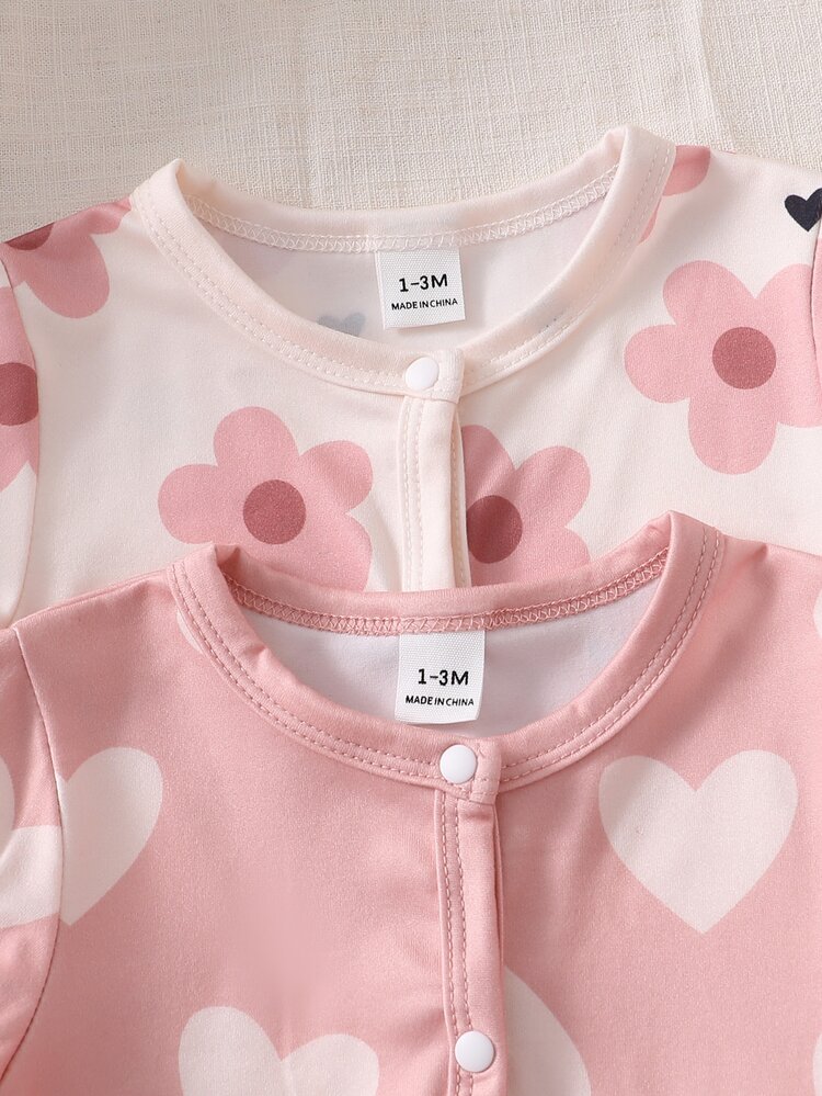 SHEIN 2pcs/Set Autumn/Winter Newborn Ditsy Floral Footed Pajamas, Long Sleeve Round Neck Bow Pants Heart Soft Comfortable Cute Loungewear - Pink - View 6