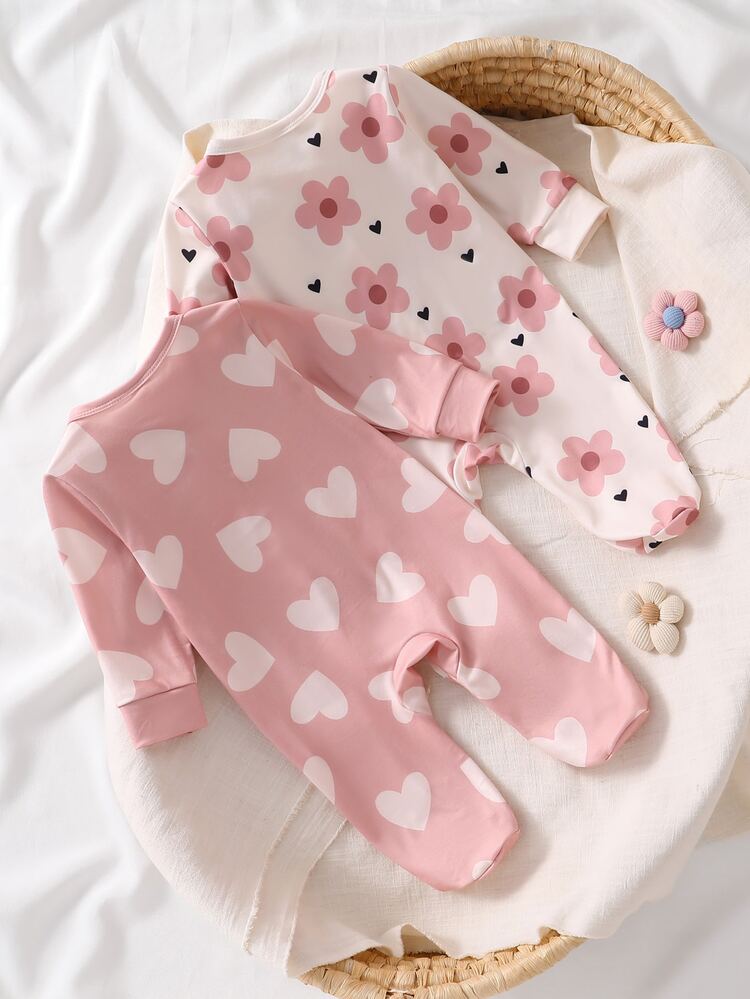 SHEIN 2pcs/Set Autumn/Winter Newborn Ditsy Floral Footed Pajamas, Long Sleeve Round Neck Bow Pants Heart Soft Comfortable Cute Loungewear - Pink - View 2