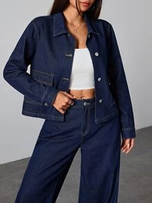 SHEIN Kids Tween Girl Fashion Casual Y2k Dark Denim Button-Down Long-Sleeved Short Jacket For Black To School - Blue - View 4