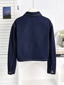 SHEIN Kids Tween Girl Fashion Casual Y2k Dark Denim Button-Down Long-Sleeved Short Jacket For Black To School - Blue - View 2