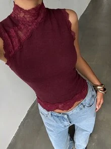 Aloruh Women's Solid Color High Neck Lace Patchwork Asymmetrical Hem Sleeveless T-Shirt - Burgundy - View 5