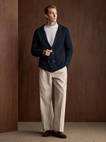 Manfinity CityGents 男士披肩領粗針編織開襟羊毛衫 粗針純色海軍藍 秋冬街頭風休閒優雅防風派克外套 辦公商務款 - 藏蓝色 - 查看 6