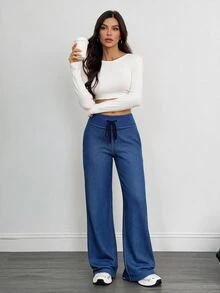 SHEIN Tall 女款高腰抽繩純色牛仔褲，都市復興街頭風休閒時尚創意個性街頭穿搭 - 藍色 - 查看 3
