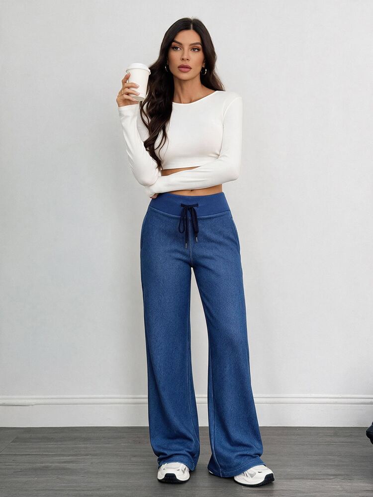 SHEIN Tall 女款高腰抽繩純色牛仔褲，都市復興街頭風休閒時尚創意個性街頭穿搭 - 藍色 - 查看 3
