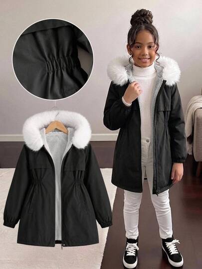 SHEIN Kids Tween Girls Winter Autumn Coats, Black Contrast Color With Fur Collar, Fashion Casual Thick Lining Long Outdoor Jacket
