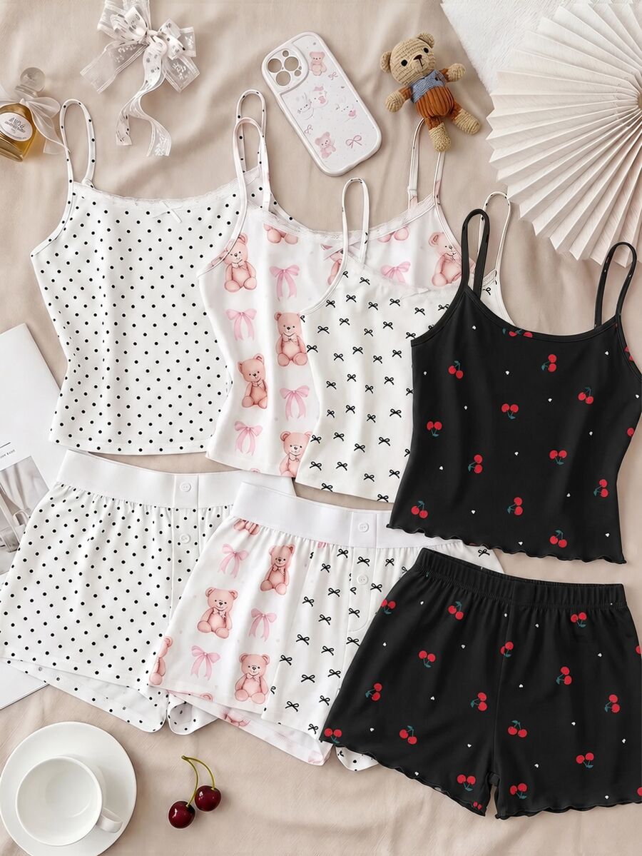 SHEIN Tween女孩3件組波點與卡通圖案睡衣套裝兒童款 - 黑色 - 查看 1