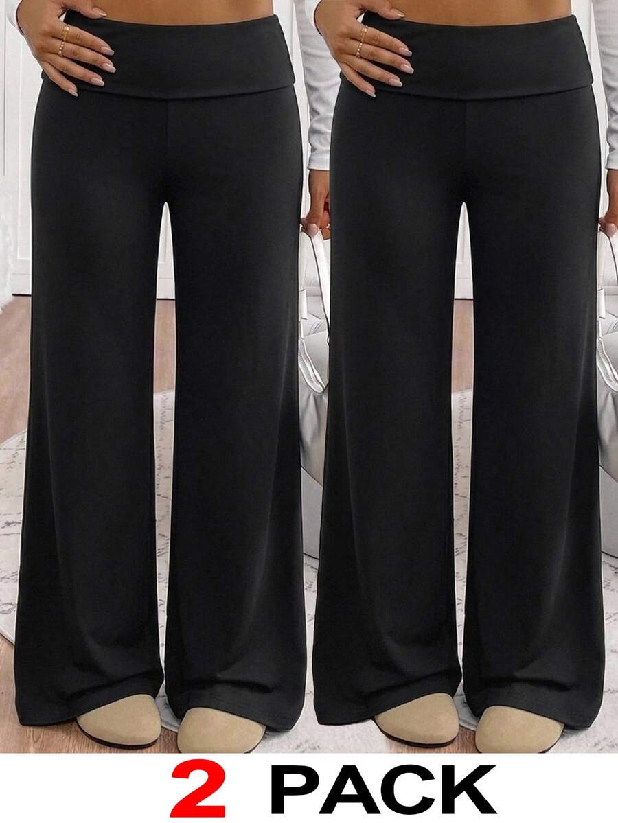 SHEIN 青少年女孩休閒日常街頭風黑色直筒褲基礎款2件套 - 黑色 - 查看 1