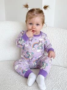 SHEIN Snug Fit Pajamas For Baby Girls, Autumn Set With Fun Unicorn Cartoon Pattern Design, Soft Comfortable Skin-Friendly Fabric, Nursery Night Purple Cute - Purple - View 1