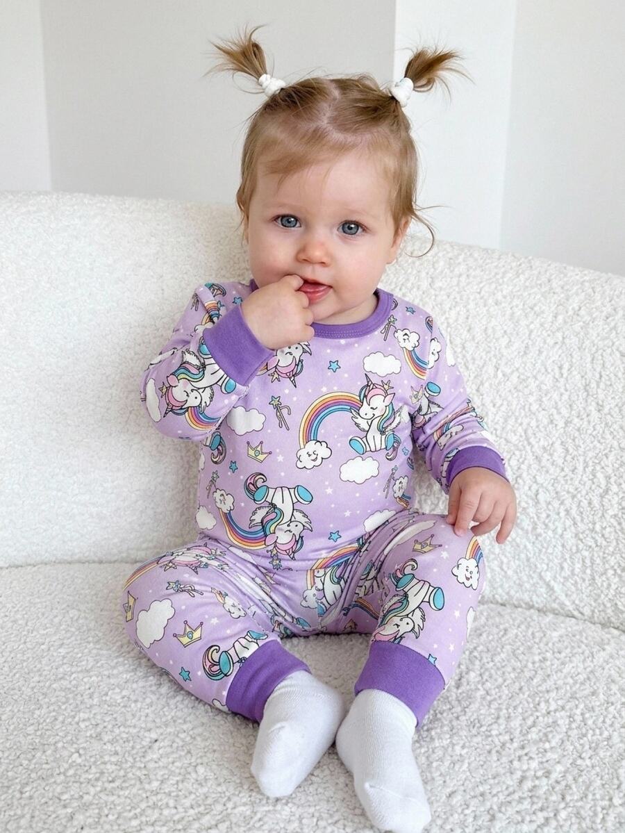 SHEIN Snug Fit Pajamas For Baby Girls, Autumn Set With Fun Unicorn Cartoon Pattern Design, Soft Comfortable Skin-Friendly Fabric, Nursery Night Purple Cute - Purple - View 1