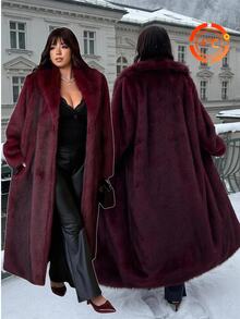 GalTyme Plus Size Women's Solid Color Long Sleeve Loose Faux Fur Coat - Burgundy - View 1