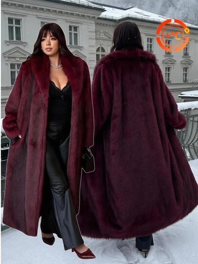 GalTyme Plus Size Women's Solid Color Long Sleeve Loose Faux Fur Coat