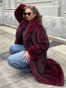 GalTyme Plus Size Women's Solid Color Long Sleeve Loose Faux Fur Coat - Burgundy - View 3