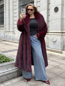 GalTyme Plus Size Women's Solid Color Long Sleeve Loose Faux Fur Coat - Burgundy - View 5