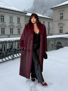 GalTyme Plus Size Women's Solid Color Long Sleeve Loose Faux Fur Coat - Burgundy - View 2