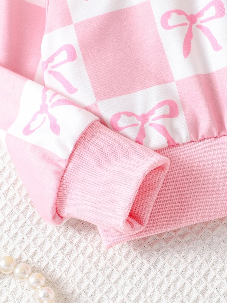 Elladie kids Girls 2 Pieces Outfit,Bow Print,Checkered Top,Flared Pants Set,Little Girl Fashion,Kids Long Sleeve Set,Girly Style Kids Wear,Girl Flare Trousers - Pink - View 5