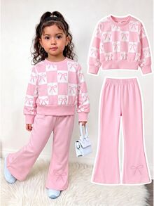 Elladie kids Girls 2 Pieces Outfit,Bow Print,Checkered Top,Flared Pants Set,Little Girl Fashion,Kids Long Sleeve Set,Girly Style Kids Wear,Girl Flare Trousers - Pink - View 4