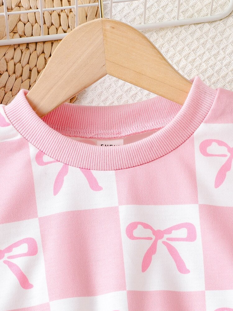 Elladie kids Girls 2 Pieces Outfit,Bow Print,Checkered Top,Flared Pants Set,Little Girl Fashion,Kids Long Sleeve Set,Girly Style Kids Wear,Girl Flare Trousers - Pink - View 6