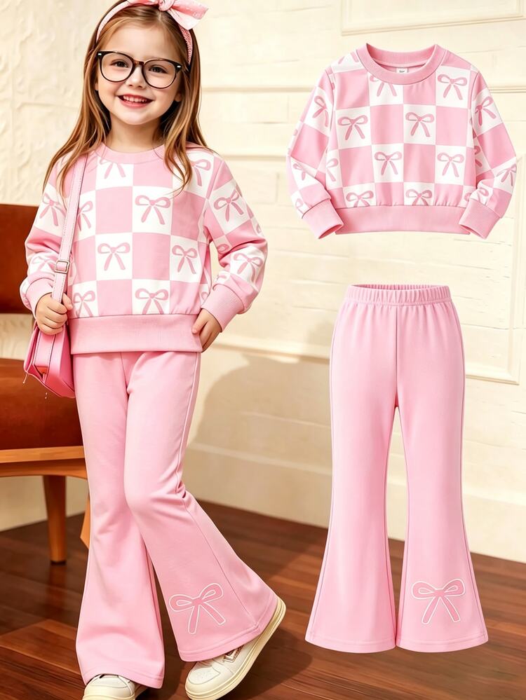 Elladie kids Girls 2 Pieces Outfit,Bow Print,Checkered Top,Flared Pants Set,Little Girl Fashion,Kids Long Sleeve Set,Girly Style Kids Wear,Girl Flare Trousers - Pink - View 3