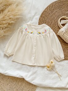 SHEIN Vintaside Kids 女童春/秋季可愛花卉刺繡荷葉邊長袖上衣，甜美鈕扣休閒田園風上衣，適合秋季出遊、生日派對、學校、日常穿著，百搭時尚兒童開襟上衣 - 杏色 - 查看 3